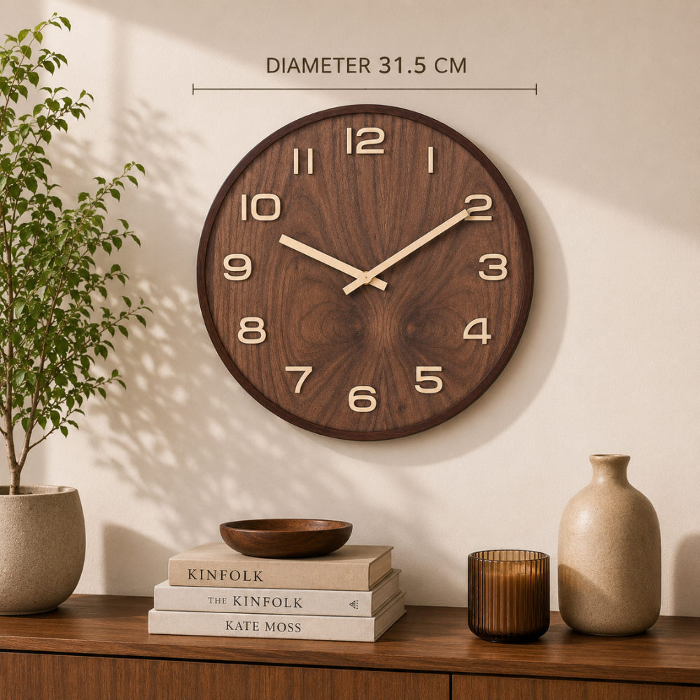 Wandklok Holzoptik Rund – Minimalistische Wanduhr im Walnuss Design für Wohnzimmer, Küche & Büro