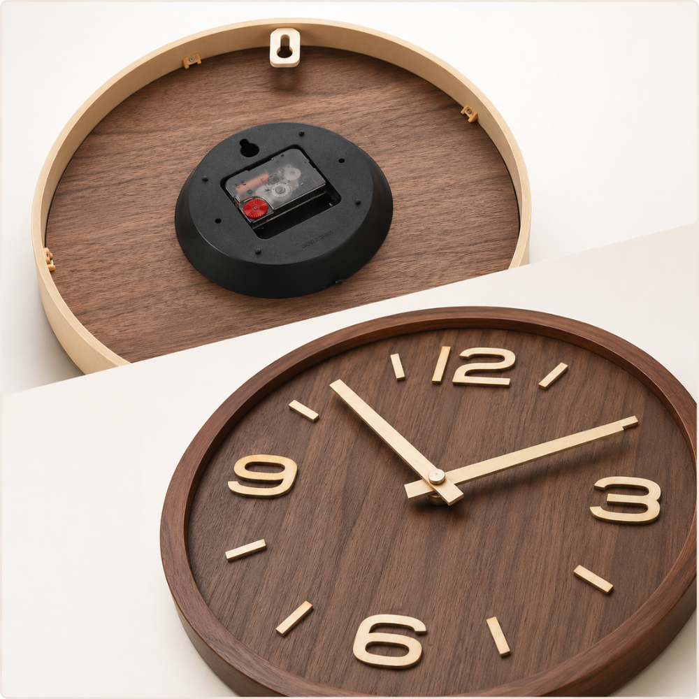 Wandklok Holzoptik Rund – Minimalistische Wanduhr im Walnuss Design für Wohnzimmer, Küche & Büro
