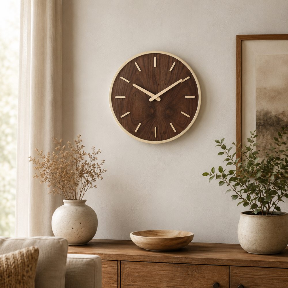 Wandklok Holzoptik Rund – Minimalistische Wanduhr im Walnuss Design für Wohnzimmer, Küche & Büro