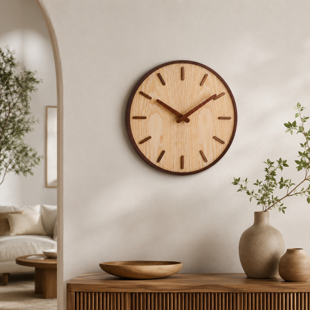 Wandklok Holzoptik Rund – Minimalistische Wanduhr im Walnuss Design für Wohnzimmer, Küche & Büro