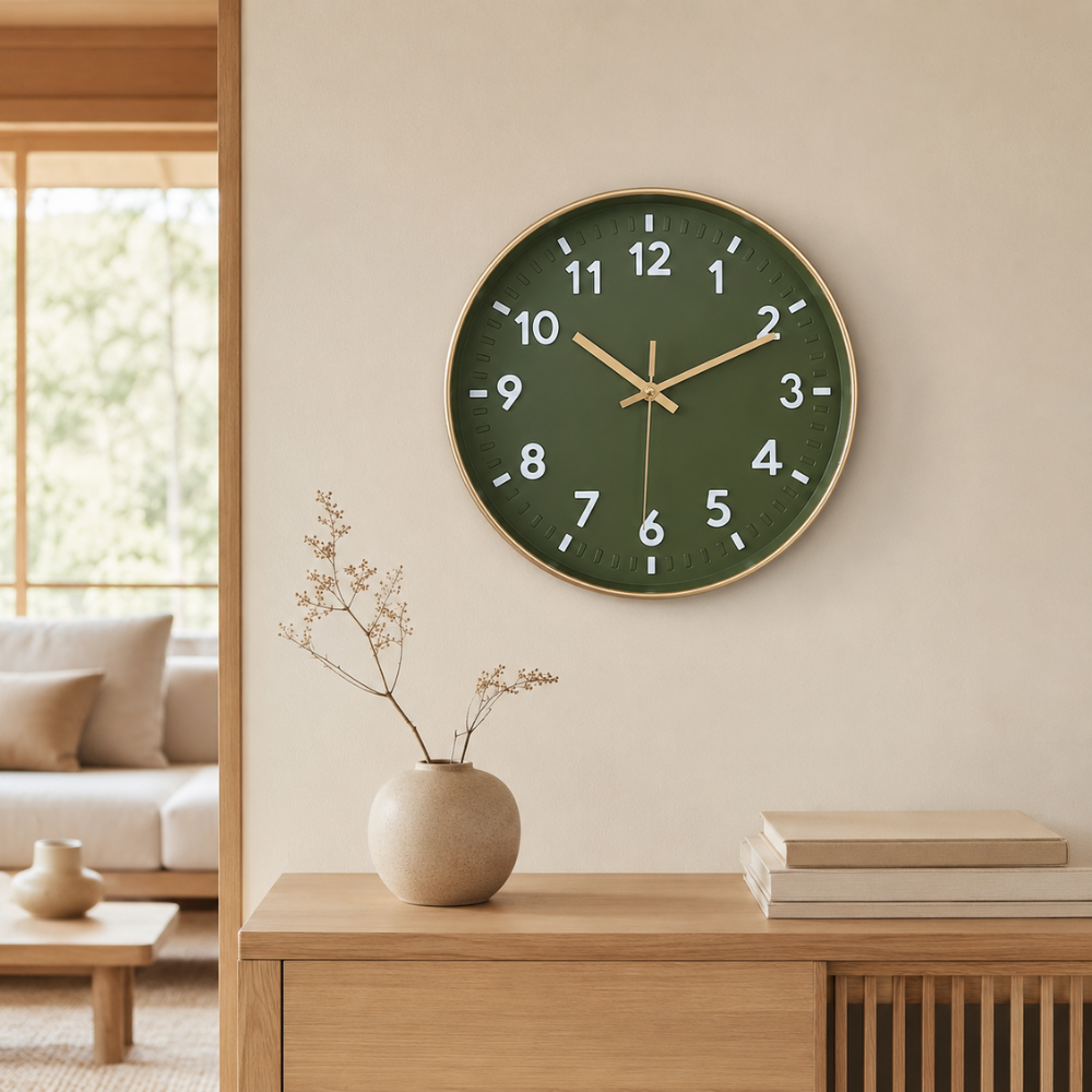 Wanduhr Grün Geräuschlos – Moderne Runde Quarzuhr mit Goldrand für Wohnzimmer, Küche & Schlafzimmer