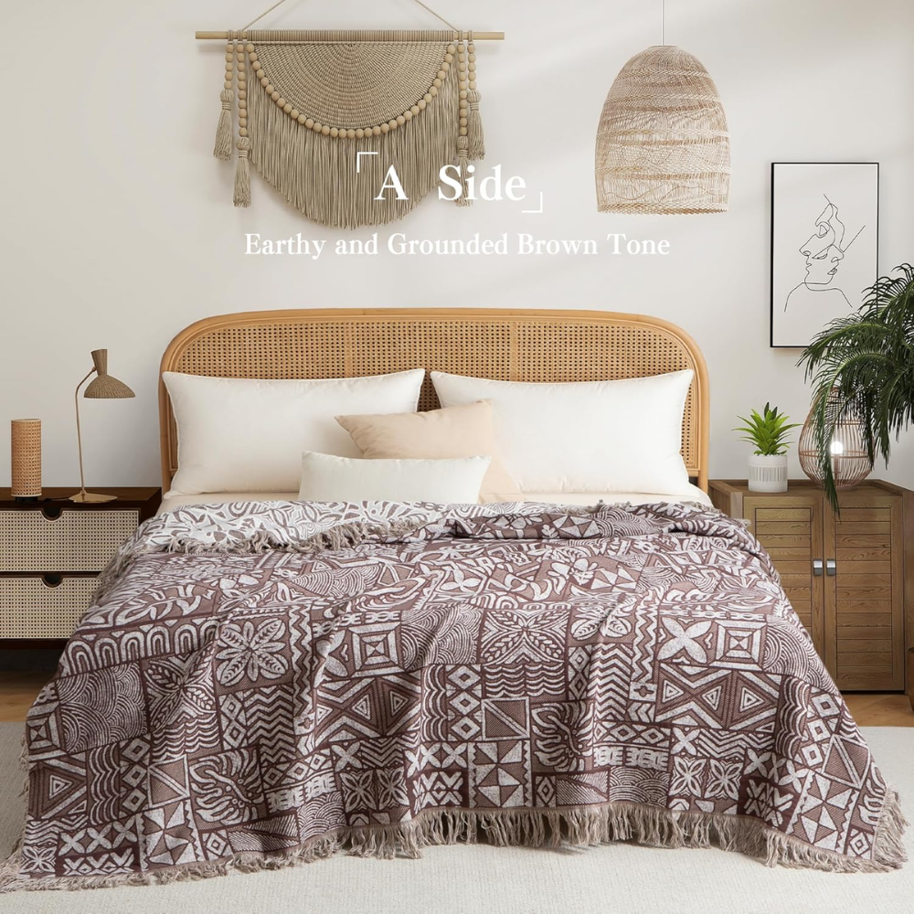 Wendbare Boho Baumwolldecke – Ethno Bettüberwurf mit Fransen für Schlafzimmer, Sofa & Couch