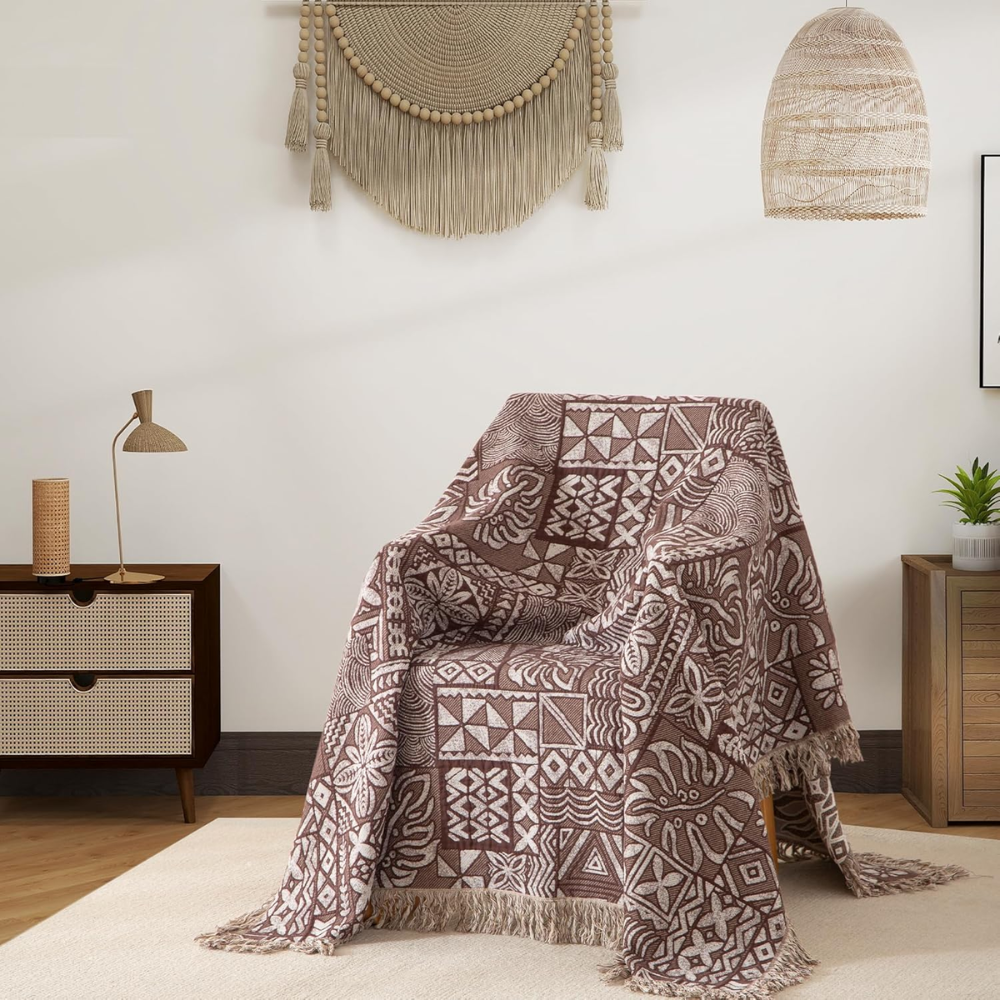 Wendbare Boho Baumwolldecke – Ethno Bettüberwurf mit Fransen für Schlafzimmer, Sofa & Couch