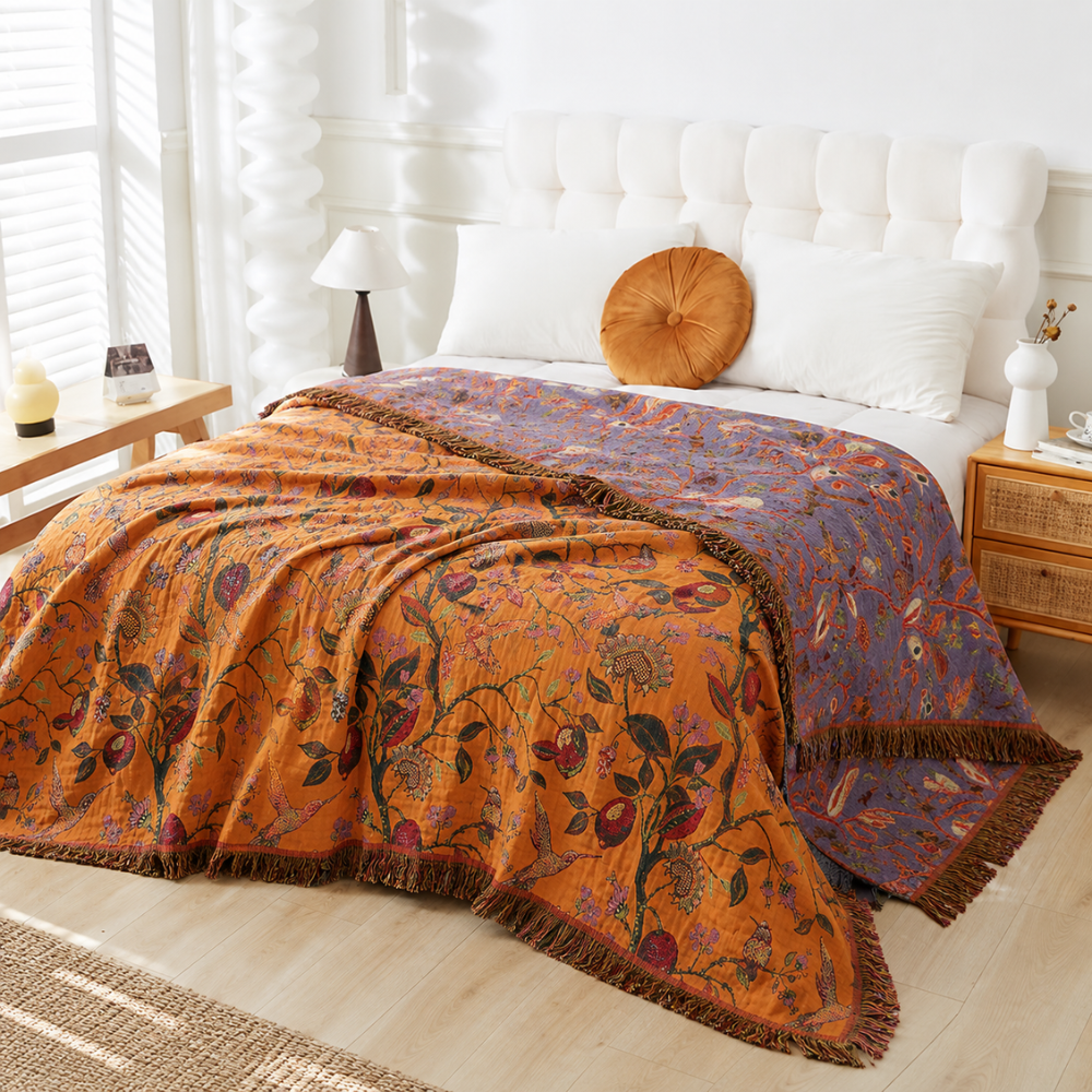 Wendbare Tagesdecke mit Blumen- & Vogelmuster – Weiche Überwurfdecke mit Fransen für Bett, Sofa & Wohnzimmer