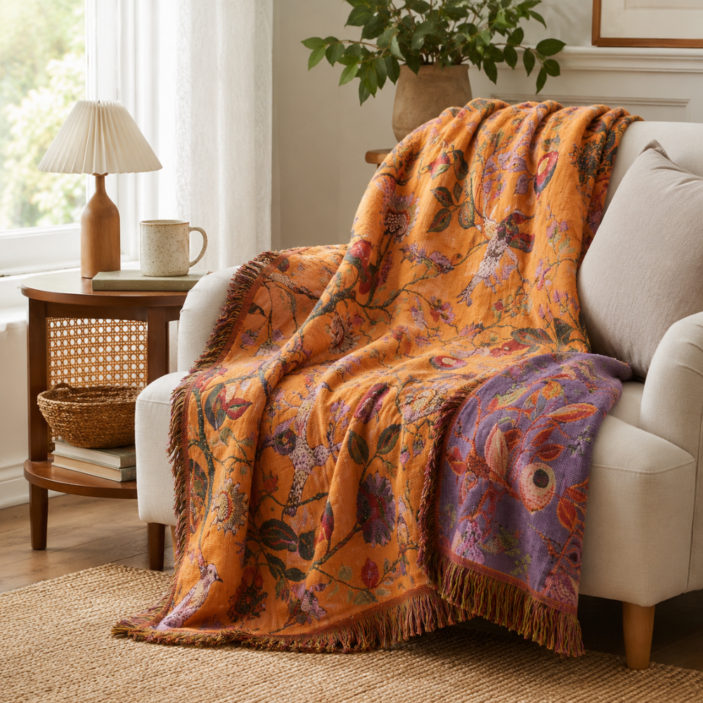 Wendbare Tagesdecke mit Blumen- & Vogelmuster – Weiche Überwurfdecke mit Fransen für Bett, Sofa & Wohnzimmer