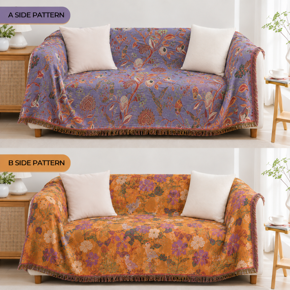 Wendbare Tagesdecke mit Blumen- & Vogelmuster – Weiche Überwurfdecke mit Fransen für Bett, Sofa & Wohnzimmer