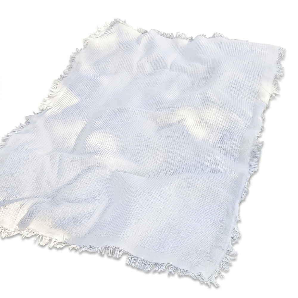 Weiße Boho Picknickdecke mit Quasten – 90x150cm, Baumwoll-Mix Outdoor Matte, Waschbar