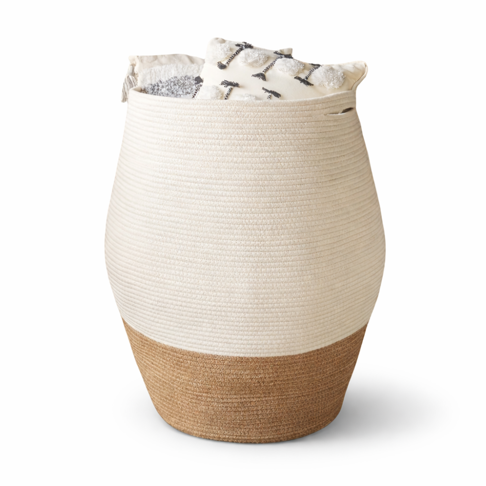 Boho Wäschekorb Handgewebt Baumwolle - XL Aufbewahrungskorb Faltbar mit Griff, 45x65 cm