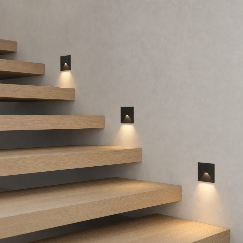 VARIANT Schwarz-Quadrat LuminiPath LED Wandleuchte an Treppe