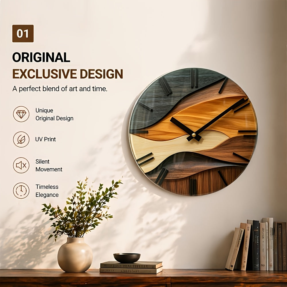 Moderne Wanduhr 30 cm in Glasoptik – Runde Designer Uhr mit Holzoptik, Wellenmuster & leisem Uhrwerk