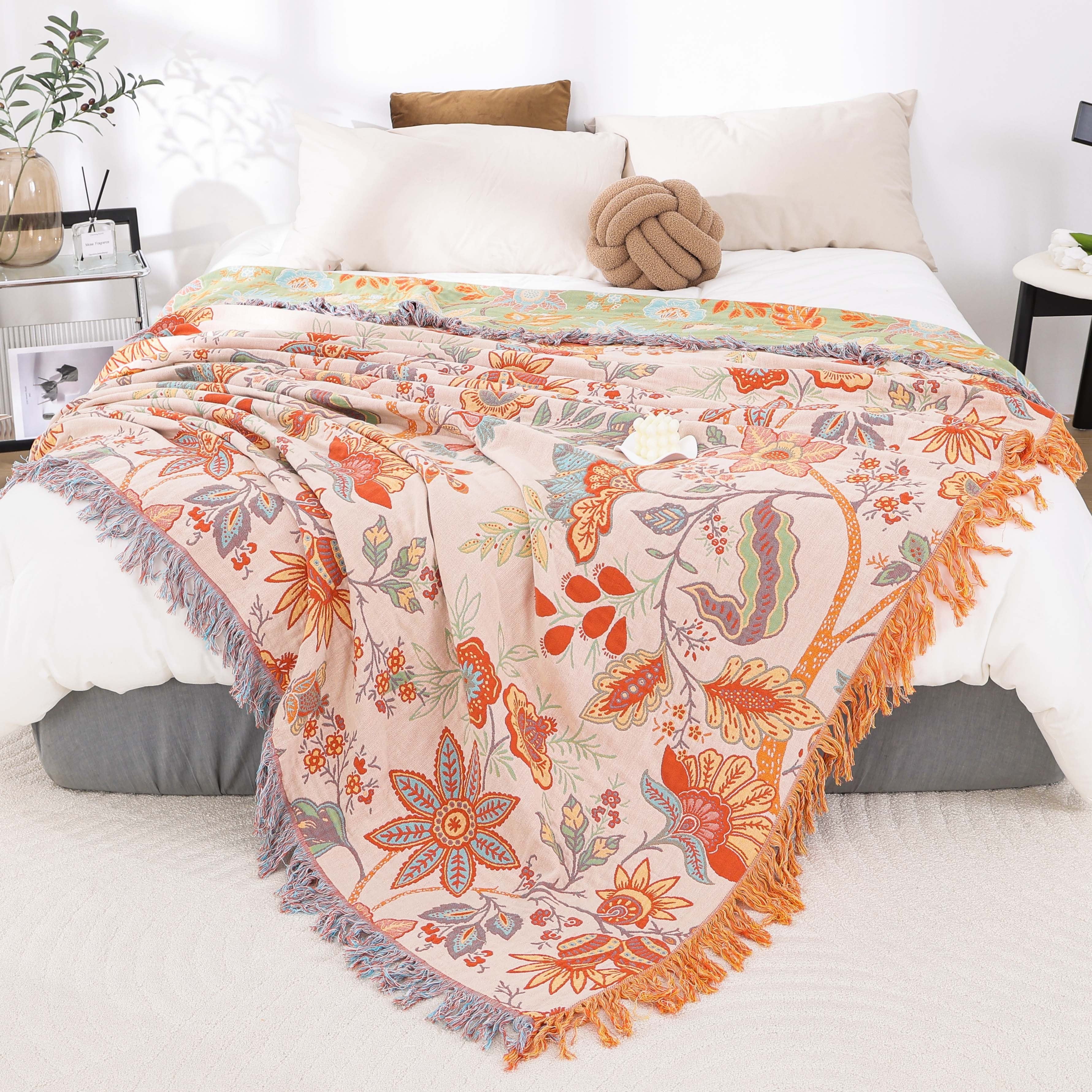 Boho Jacquard Baumwolldecke mit Fransen – Sofadecke, Tagesdecke & Bettüberwurf mit floralem Muster