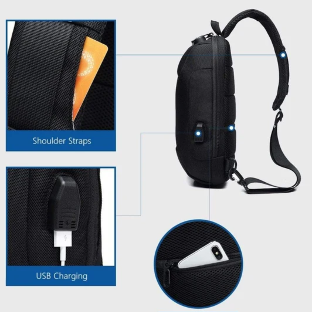 17 x 8 x 34 cm Anti-Diebstahl Sling Bag Herren & Damen - Wasserdichte Brusttasche mit USB-Anschluss