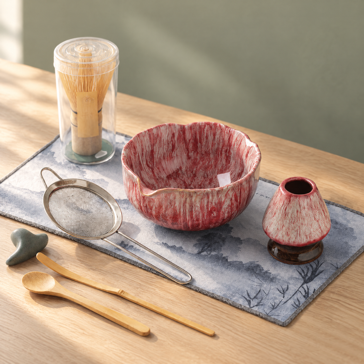 Matcha Set 8-teilig in Glasiertem Pink auf einer Arbeitsplatte aus heller Eiche