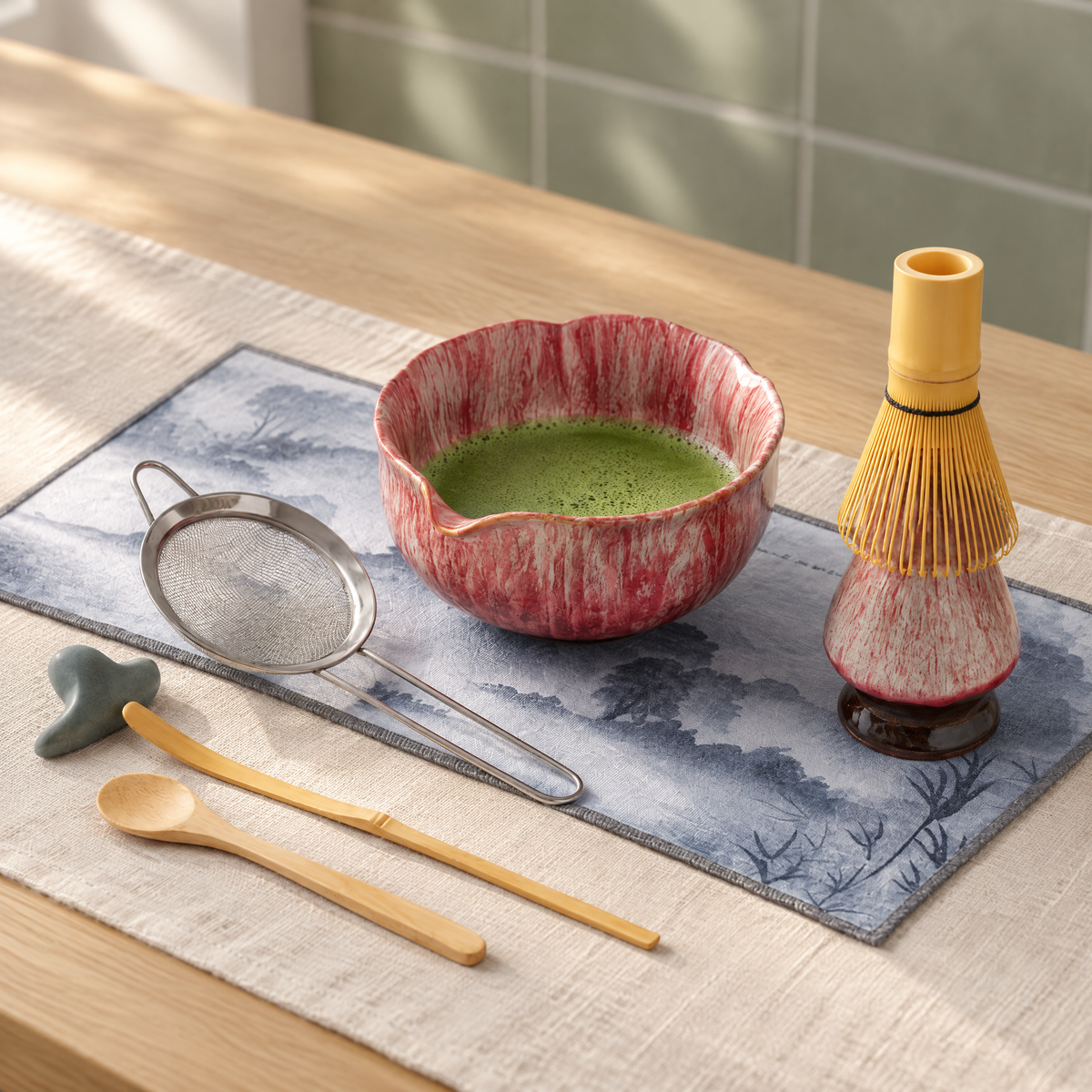 Matcha Set mit aufgeschlagenem Matcha in der rosa Schale, Bambusbesen auf dem Besenhalter