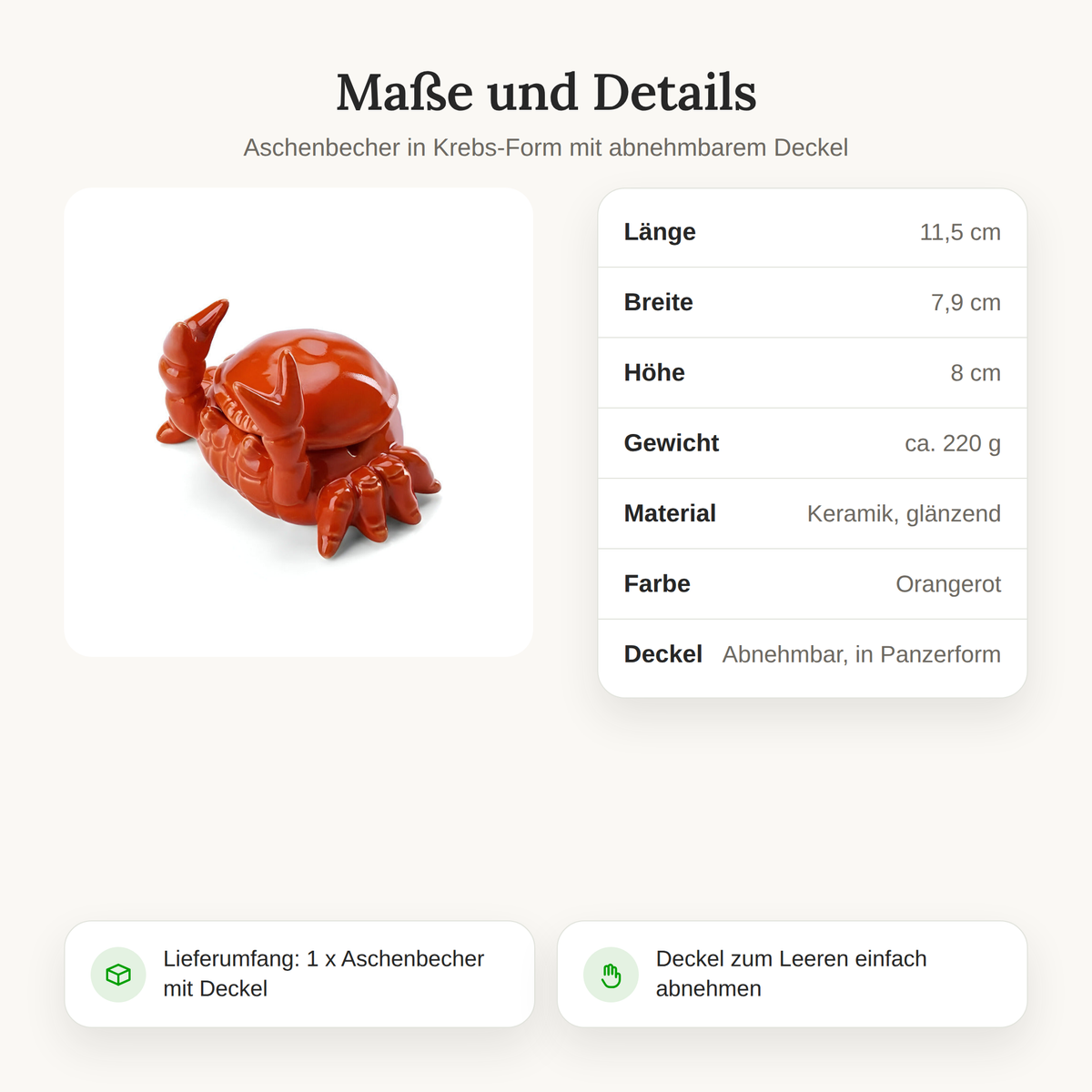 Maße des Krebs-Aschenbechers: 11,5 x 7,9 x 8 cm, ca. 220 g, Keramik
