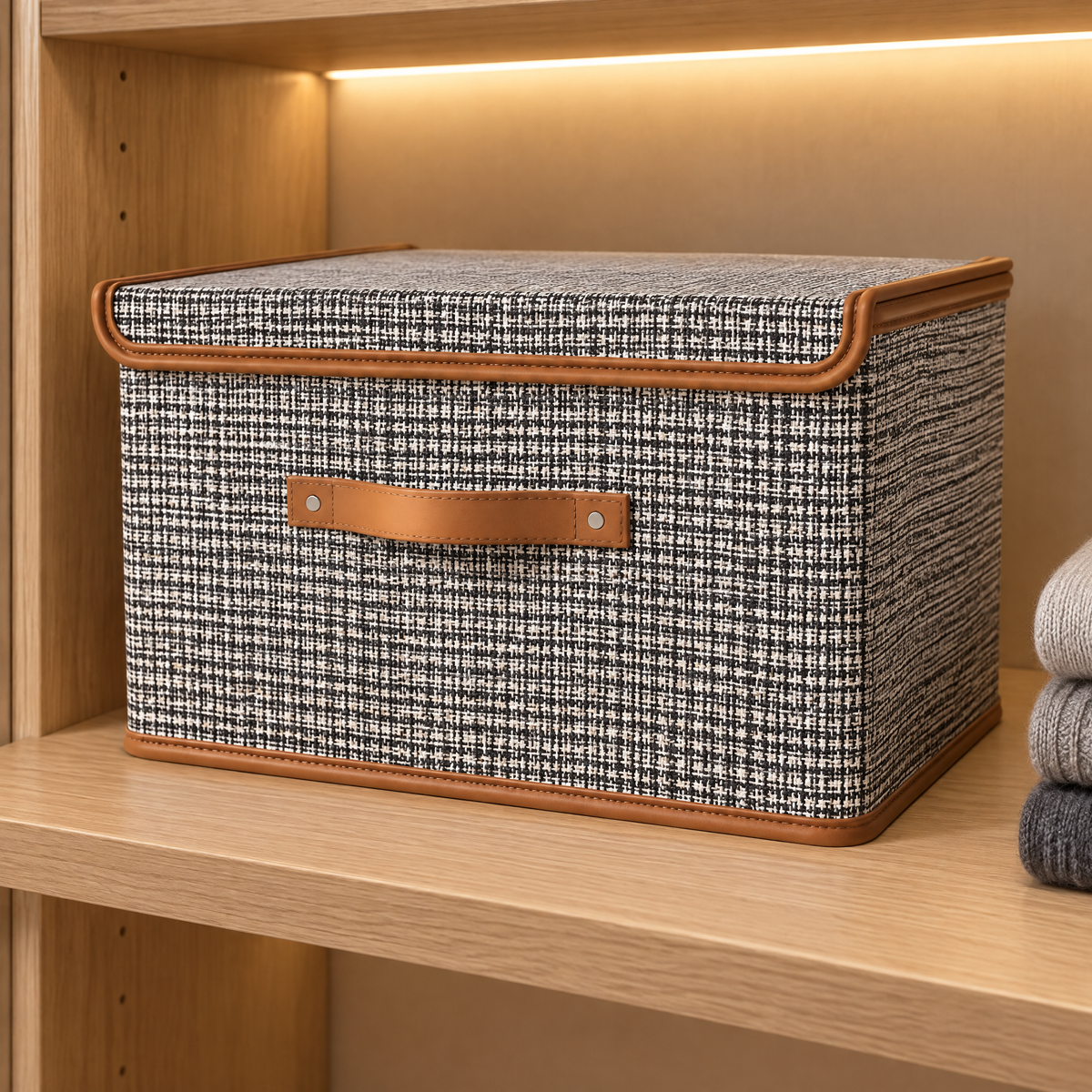 Aufbewahrungsbox mit Deckel in Tweed-Optik auf einem Regal im begehbaren Kleiderschrank