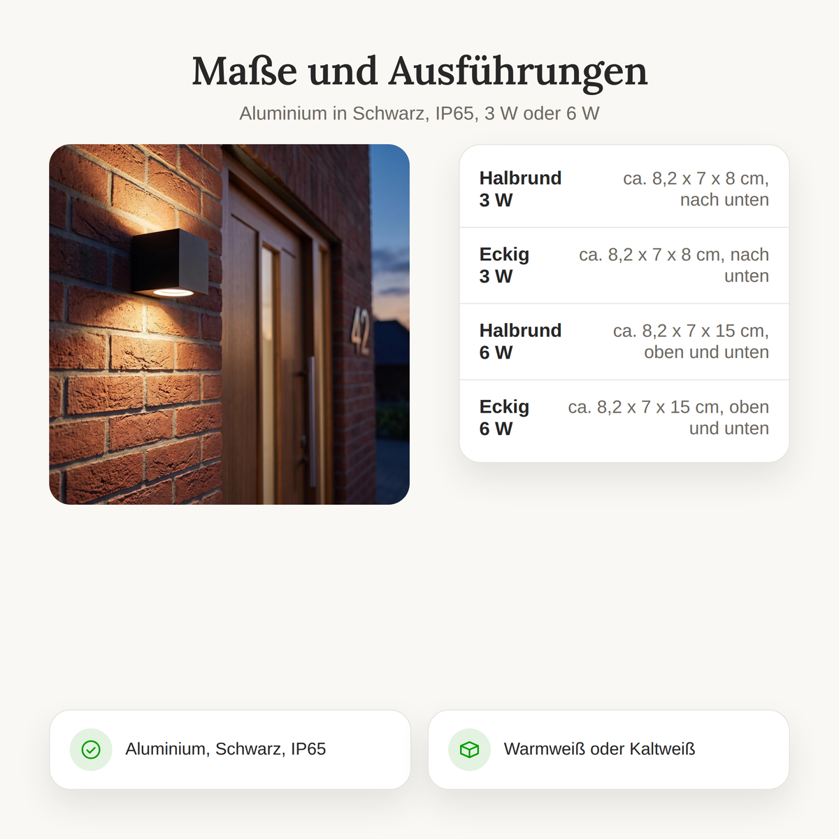 Maße und Ausführungen der Außenlampe: halbrund und eckig, 3 W und 6 W