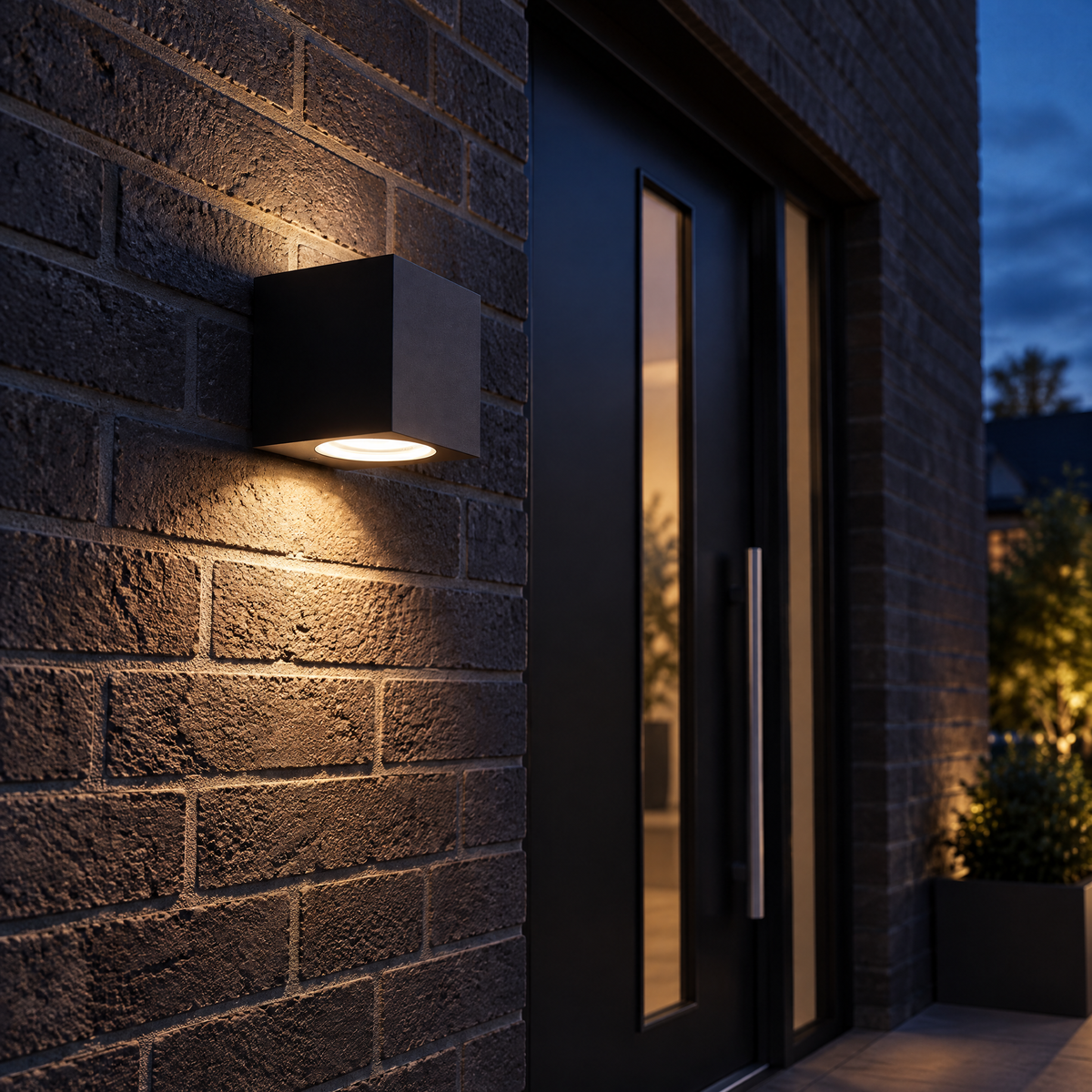 Außenlampe eckig 3 W schwarz an Klinkerwand mit warmweißem Licht nach unten
