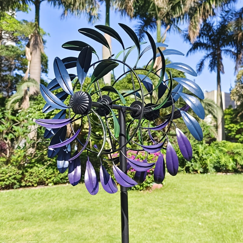 Metall Windspinner für Garten – Kinetische Gartenstecker Deko mit Lila-Blauen Blättern für Rasen, Terrasse & Balkon