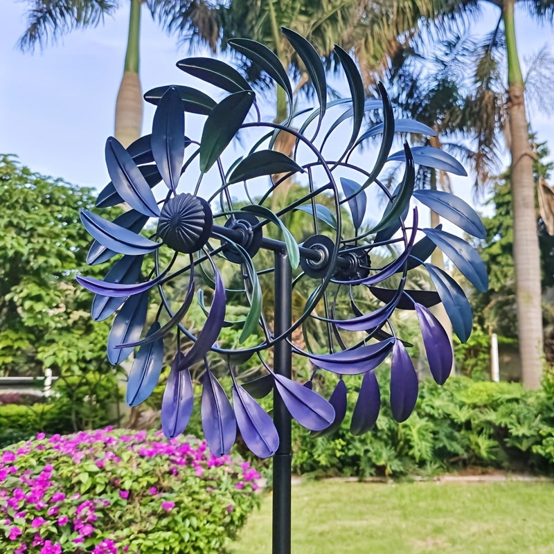 Metall Windspinner für Garten – Kinetische Gartenstecker Deko mit Lila-Blauen Blättern für Rasen, Terrasse & Balkon