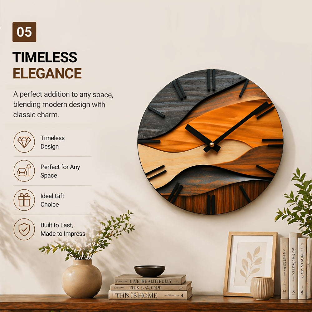 Moderne Wanduhr 30 cm in Glasoptik – Runde Designer Uhr mit Holzoptik, Wellenmuster & leisem Uhrwerk