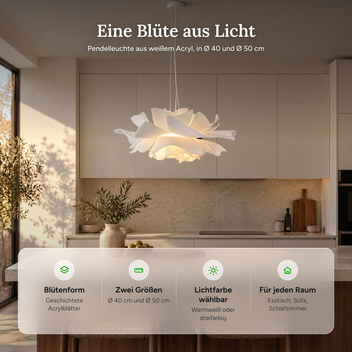 Merkmale der Blüten Pendelleuchte: Blütenform, zwei Größen, wählbare Lichtfarbe