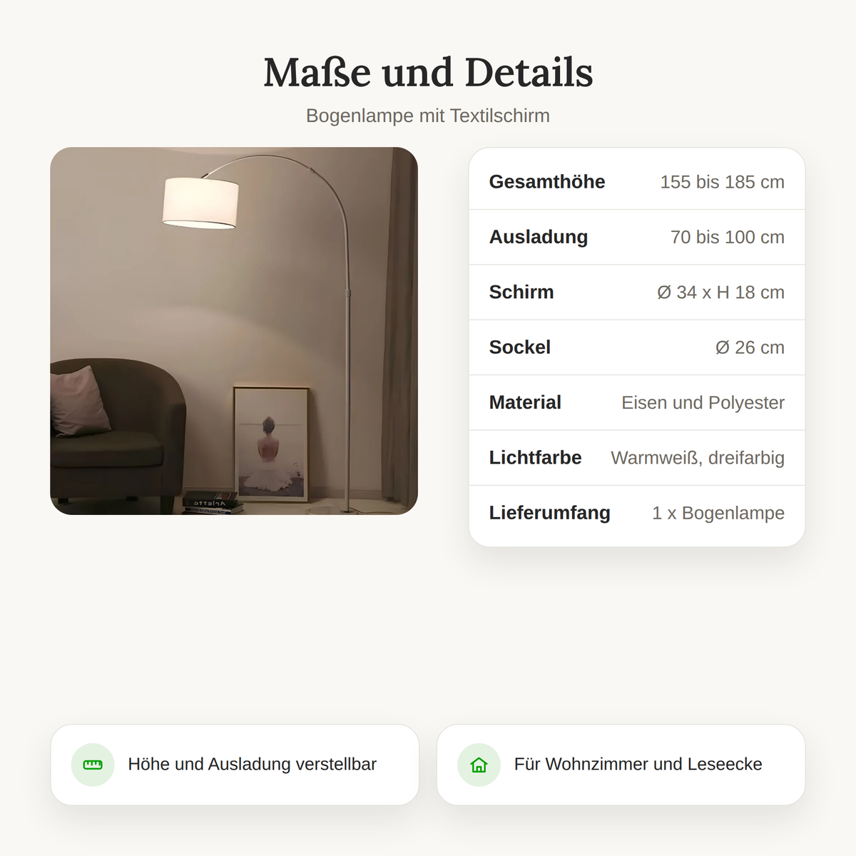 Maßtabelle der Bogenlampe mit Gesamthöhe, Ausladung, Schirm- und Sockelmaß