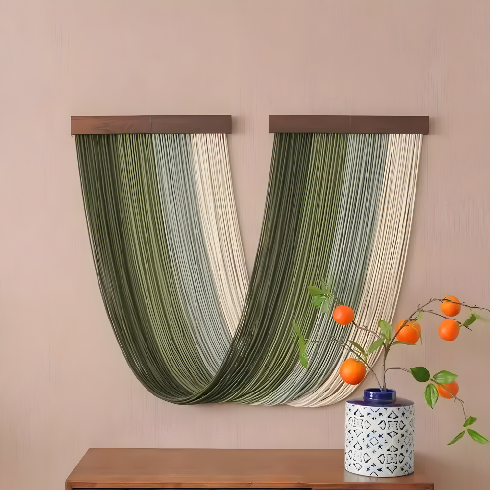 Boho Wanddeko in Grün aus Baumwollkordeln an zwei Stäben an einer rosa Wand