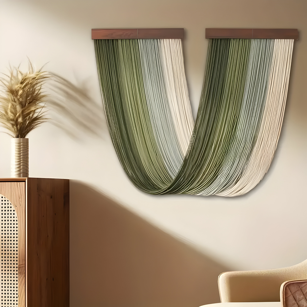 Grüner Wandbehang aus Baumwollkordeln über einem Sessel im Wohnzimmer