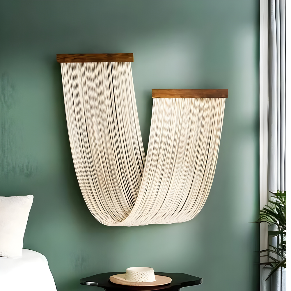 Beiger Wandbehang aus Baumwollkordeln an einer grünen Wand im Schlafzimmer