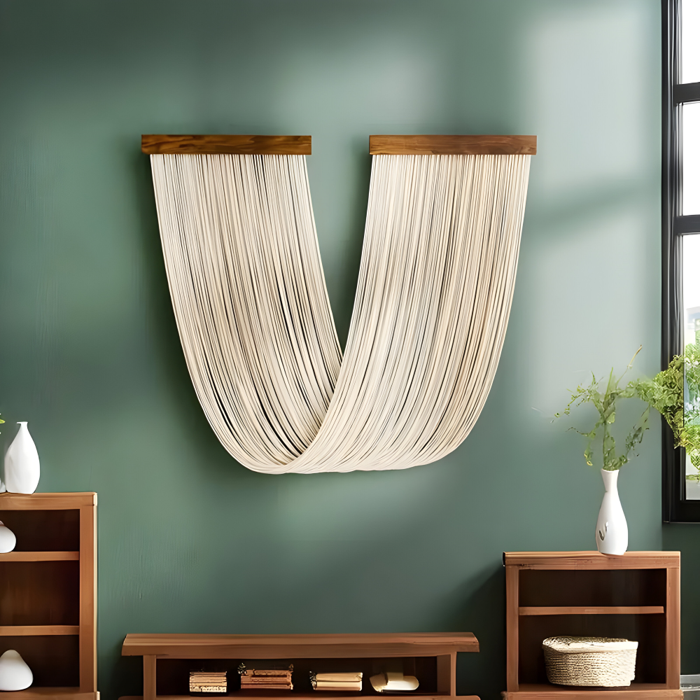 Beige Boho Wanddeko über einem Holzregal an einer grünen Wand