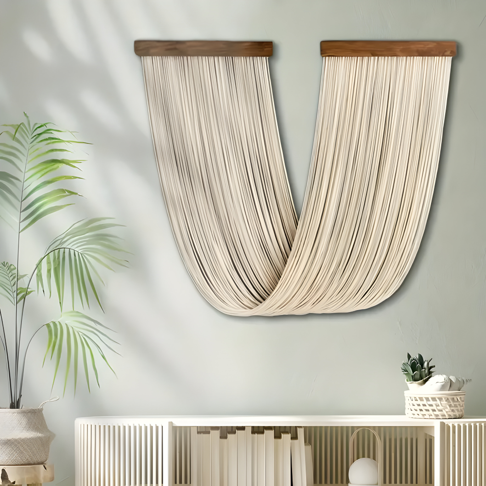 Beiger Wandbehang aus Baumwollkordeln an einer hellen Wand