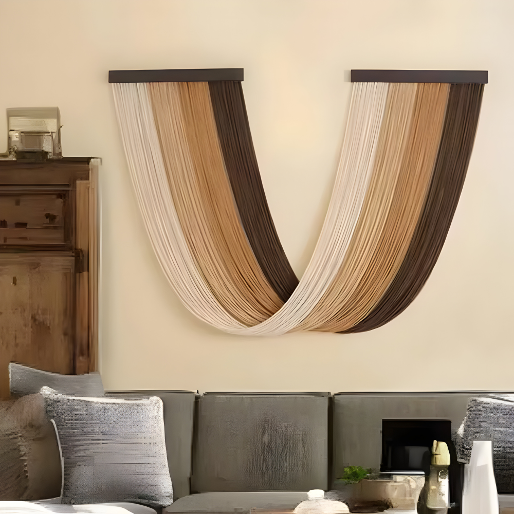 Dunkelbrauner Wandbehang mit Beigetönen über einem grauen Sofa