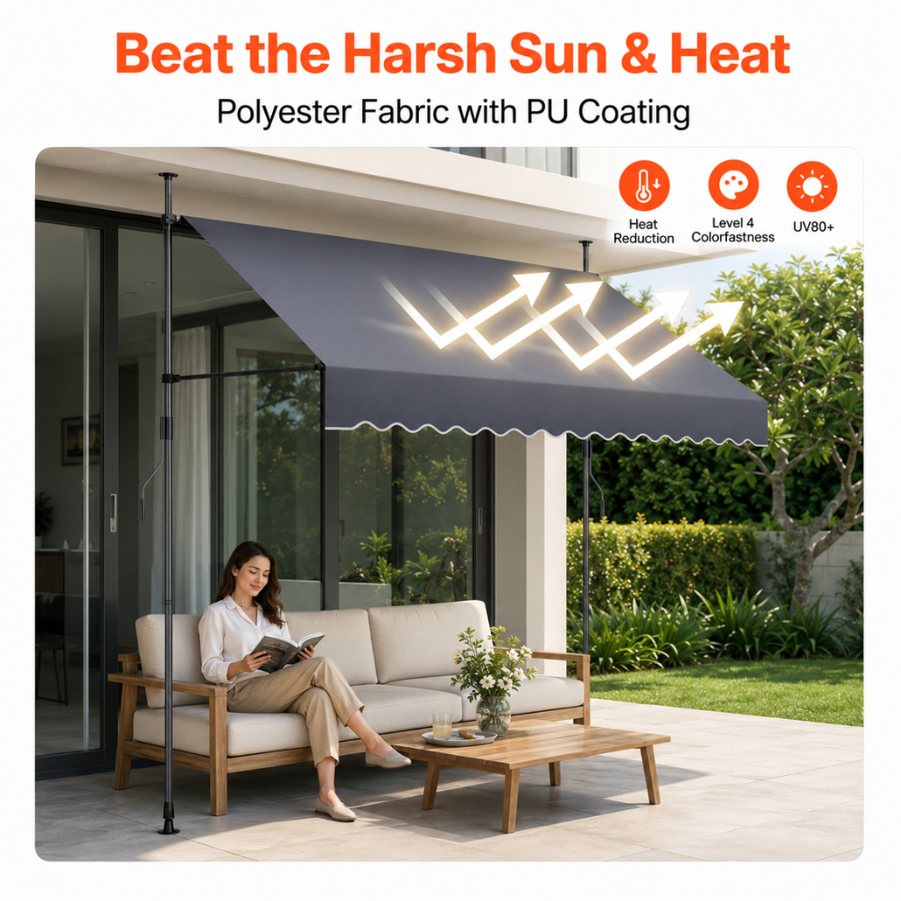Klemmmarkise ohne Bohren | Manuell ausziehbare Balkonmarkise mit Kurbel, höhenverstellbaren Standrohren & Sonnenschutz für Terrasse, Garten und Balkon