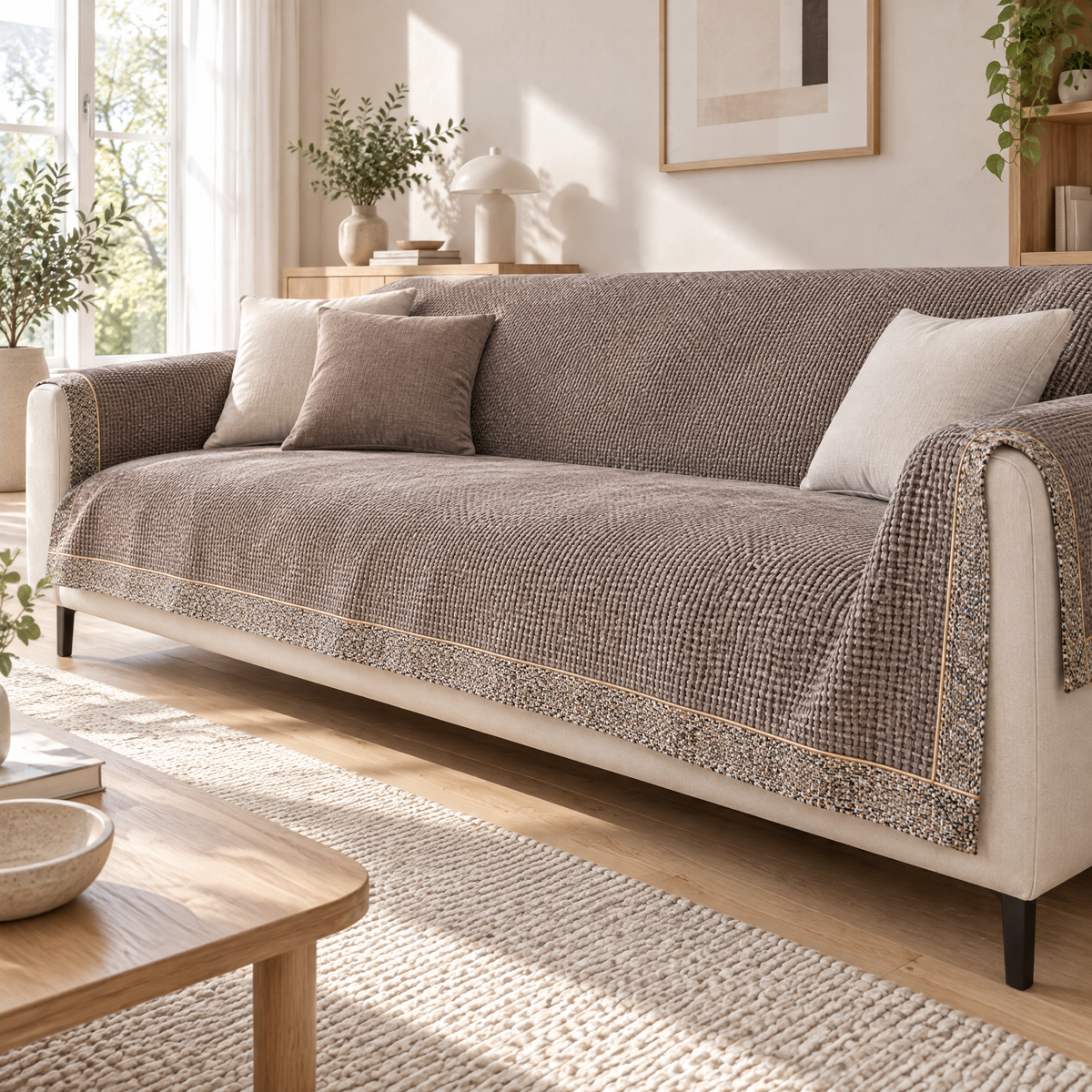 Chenille-Sofabezug in Mocha über einem Dreisitzer-Sofa im hellen Wohnzimmer, gemusterte Bordüre entlang der Vorderkante