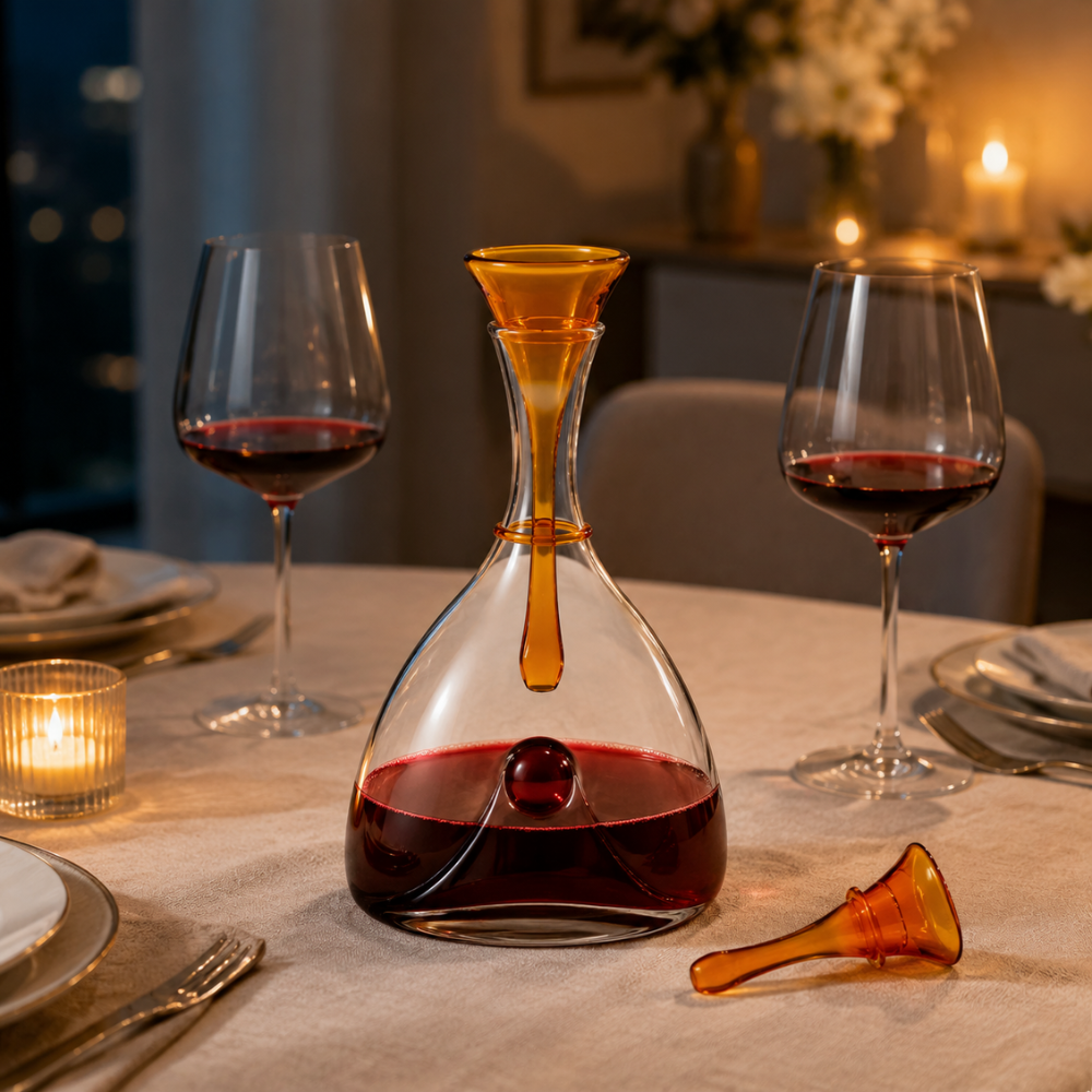 Mundgeblasene Weinkaraffe aus Klarglas – Eleganter Dekanter mit farbigem Stopfen und Kugeldetail