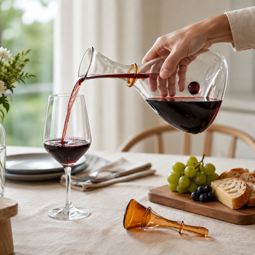Mundgeblasene Weinkaraffe aus Klarglas – Eleganter Dekanter mit farbigem Stopfen und Kugeldetail