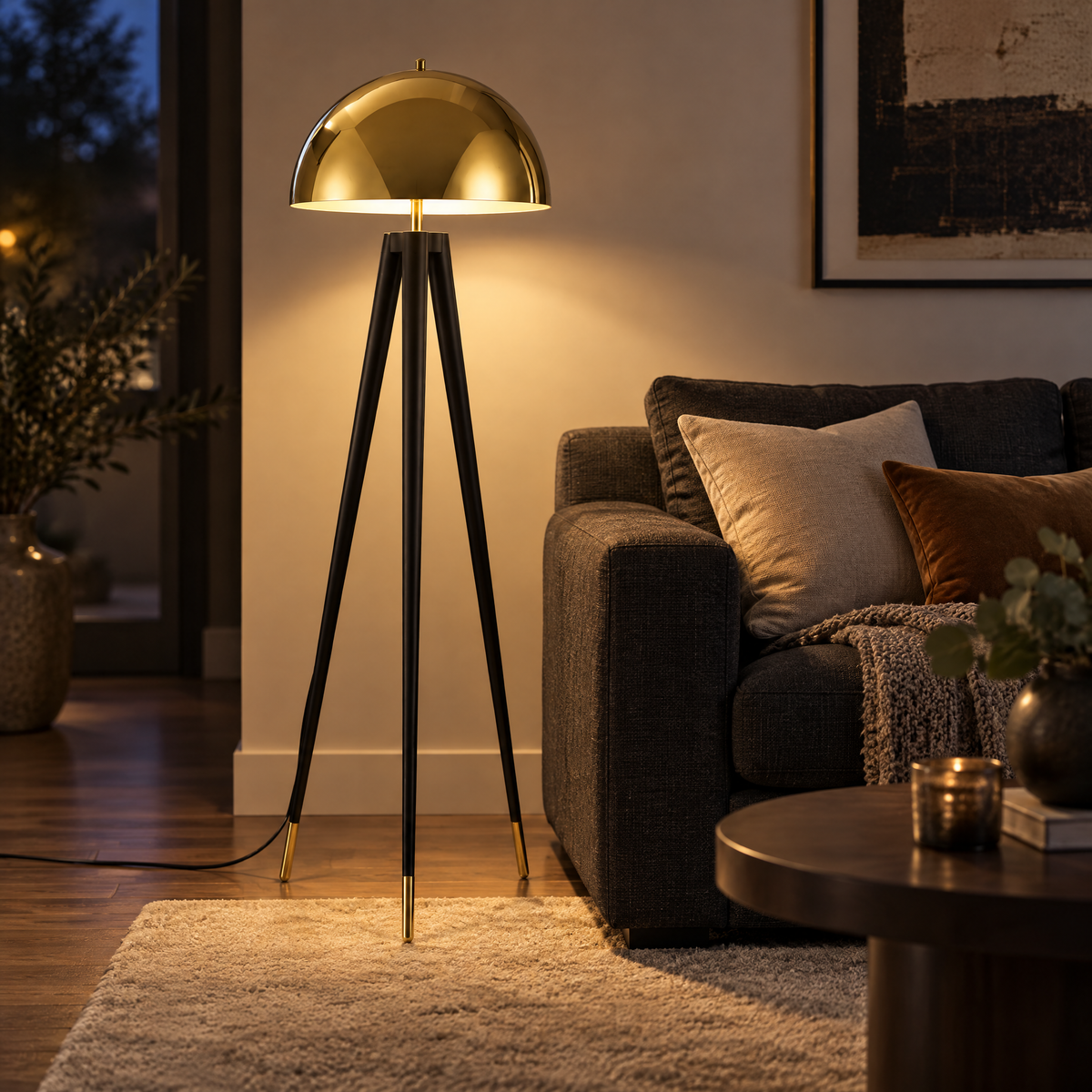 Dreibein-Stehlampe mit goldenem Kuppelschirm neben einem dunklen Sofa im abendlichen Wohnzimmer