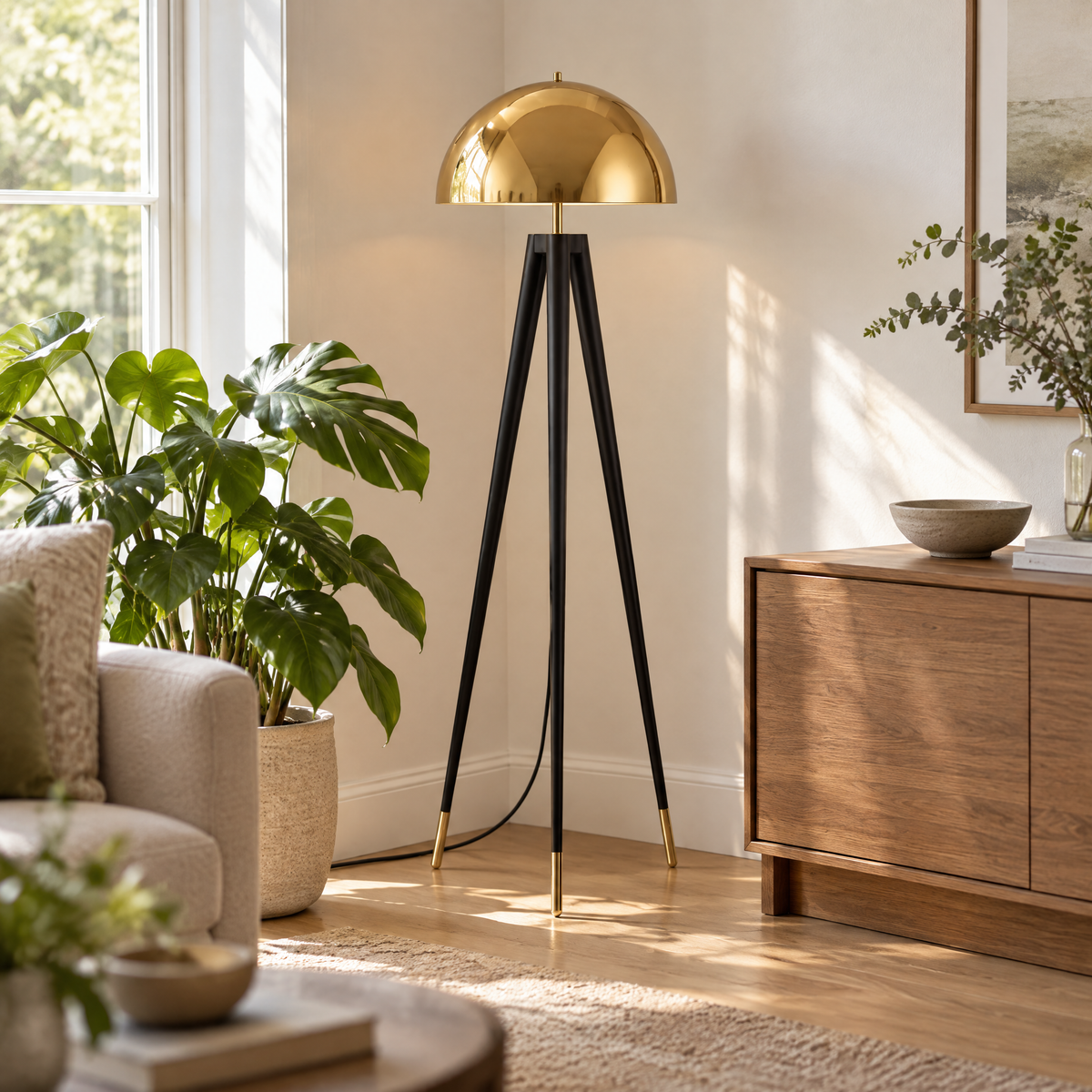 Dreibein-Stehlampe in der Zimmerecke neben Sideboard und großer Pflanze bei Tageslicht
