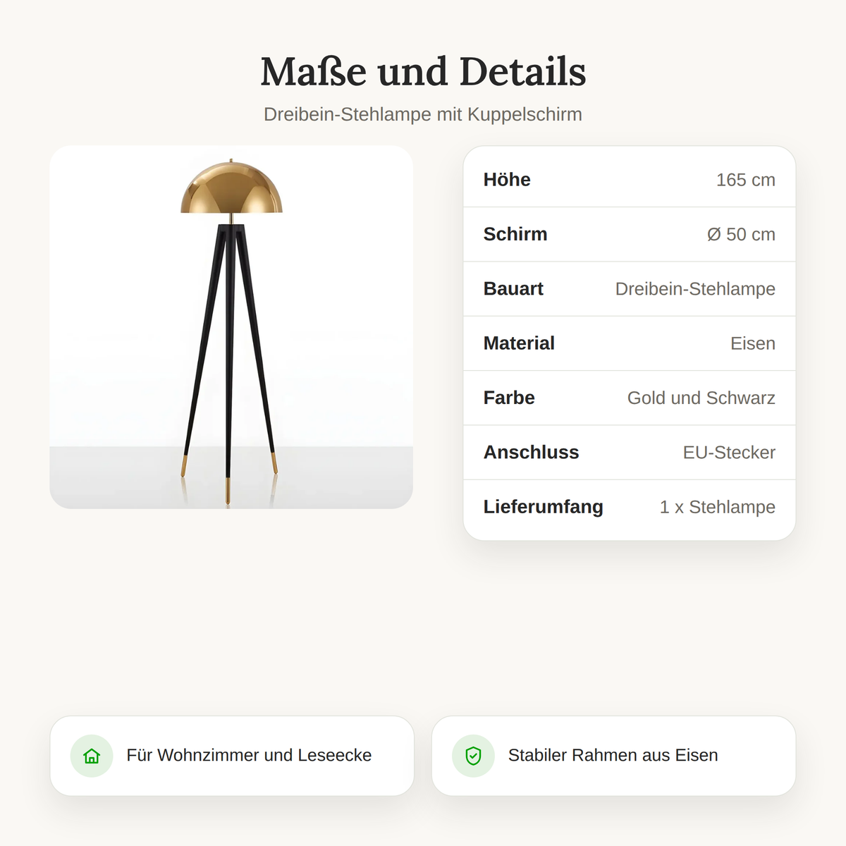 Maßtabelle der Dreibein-Stehlampe mit Höhe 165 cm und Schirmdurchmesser 50 cm
