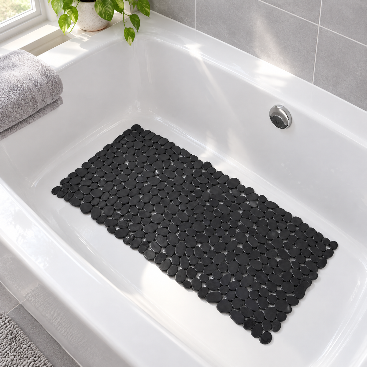 Schwarze Duschmatte in Kieselstein-Optik in einer Badewanne mit gefaltetem Handtuch auf dem Wannenrand