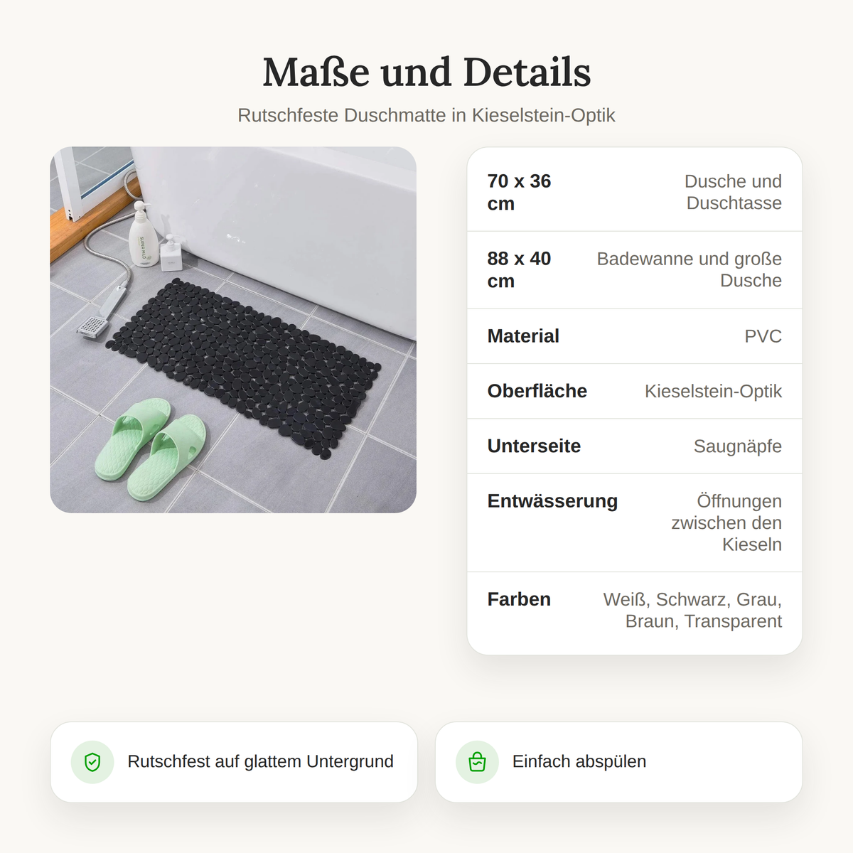 Maßtabelle der Duschmatte mit 70 x 36 und 88 x 40 cm, Material PVC und Saugnäpfen