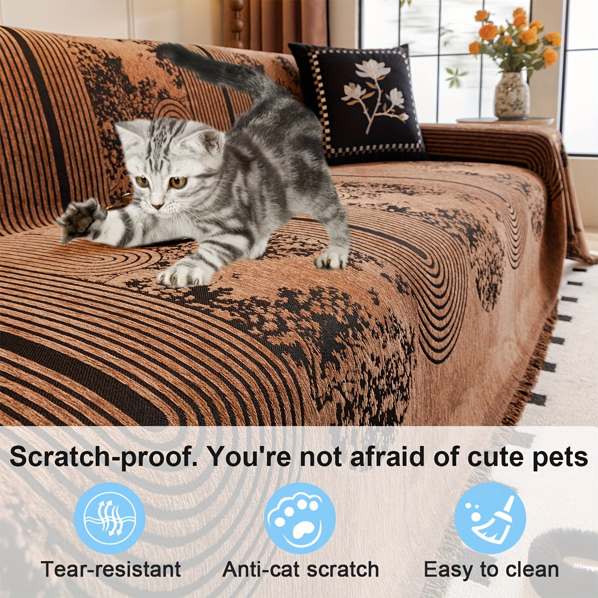 Chenille Sofabezug Rutschfest – Couchdecke mit Fransen & Abstraktem Muster für Sofa, Couch & Wohnzimmer