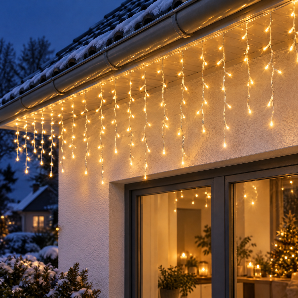 Eisregen Lichterkette außen in Warmweiß an der Dachrinne eines weiß verputzten Hauses am Winterabend