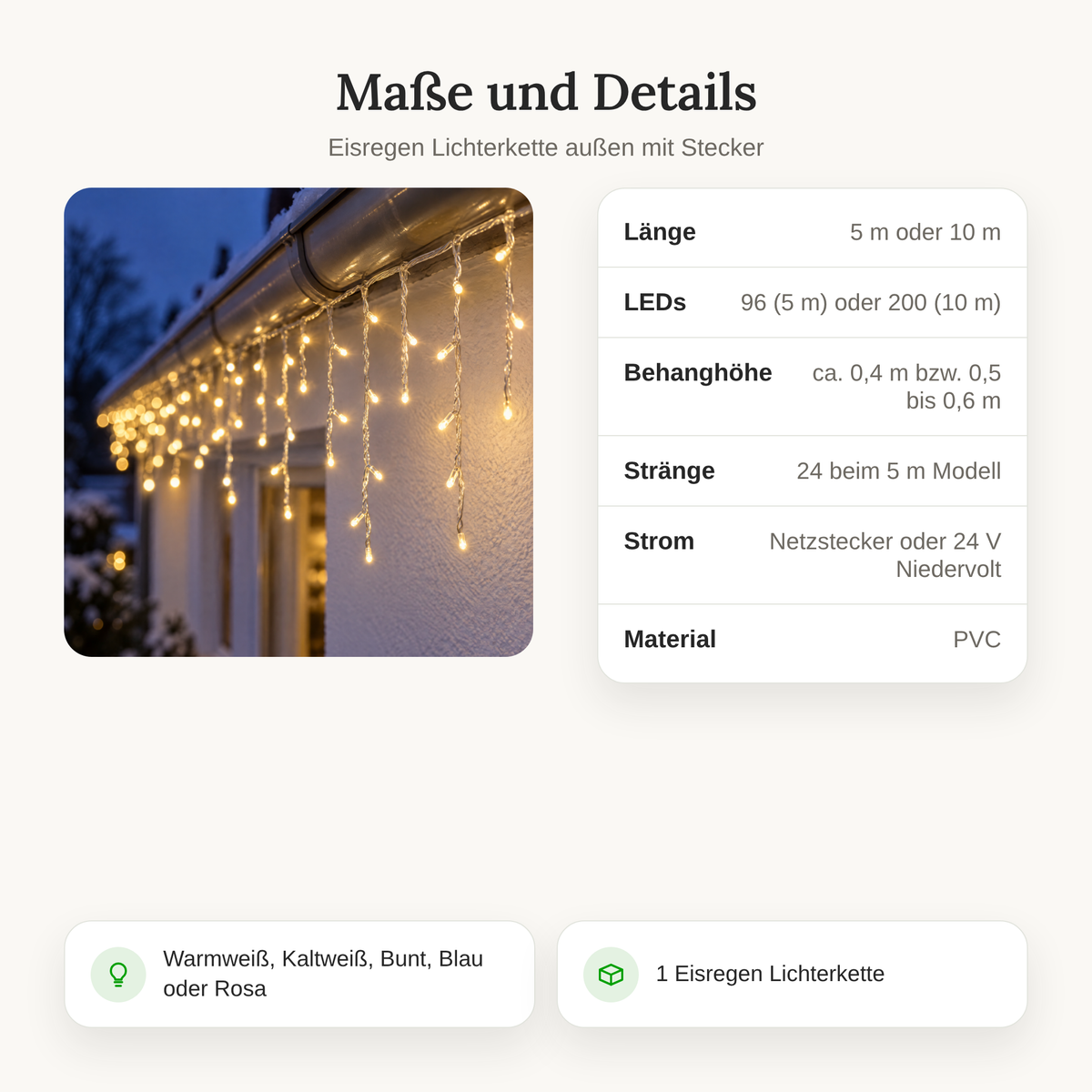 Maße und Details der Eisregen Lichterkette außen: 5 oder 10 m, 96 oder 200 LEDs, Netzstecker oder 24 V