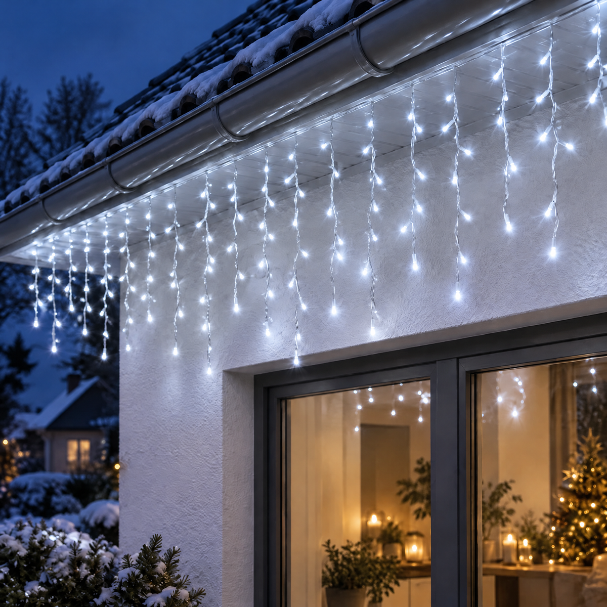 Eisregen Lichterkette außen in Kaltweiß an der Dachrinne am Winterabend