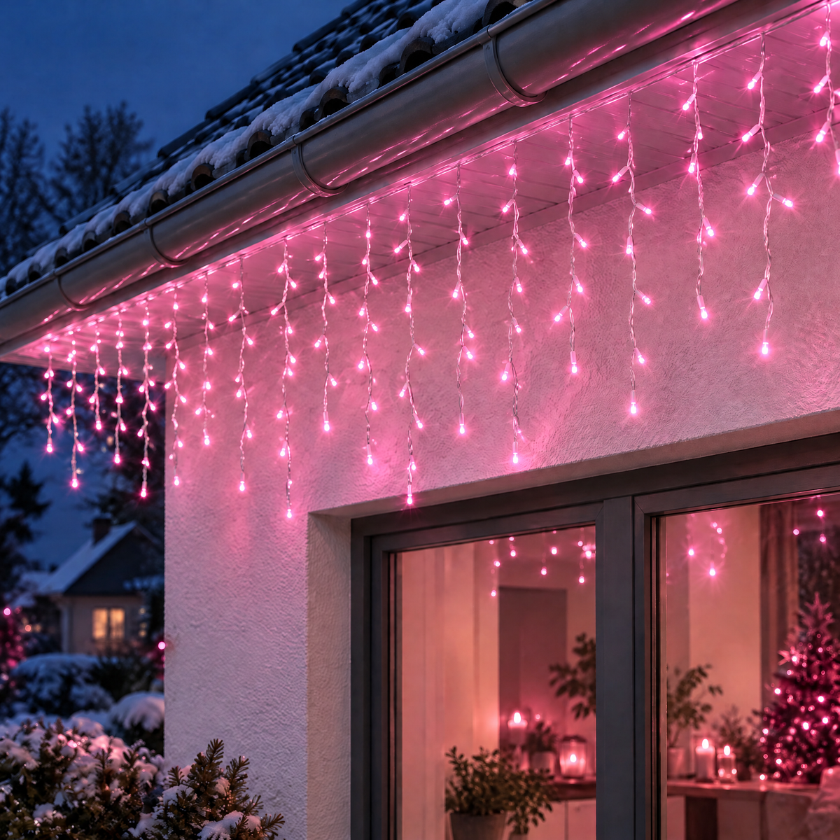 Eisregen Lichterkette außen in Rosa an der Dachrinne am Winterabend