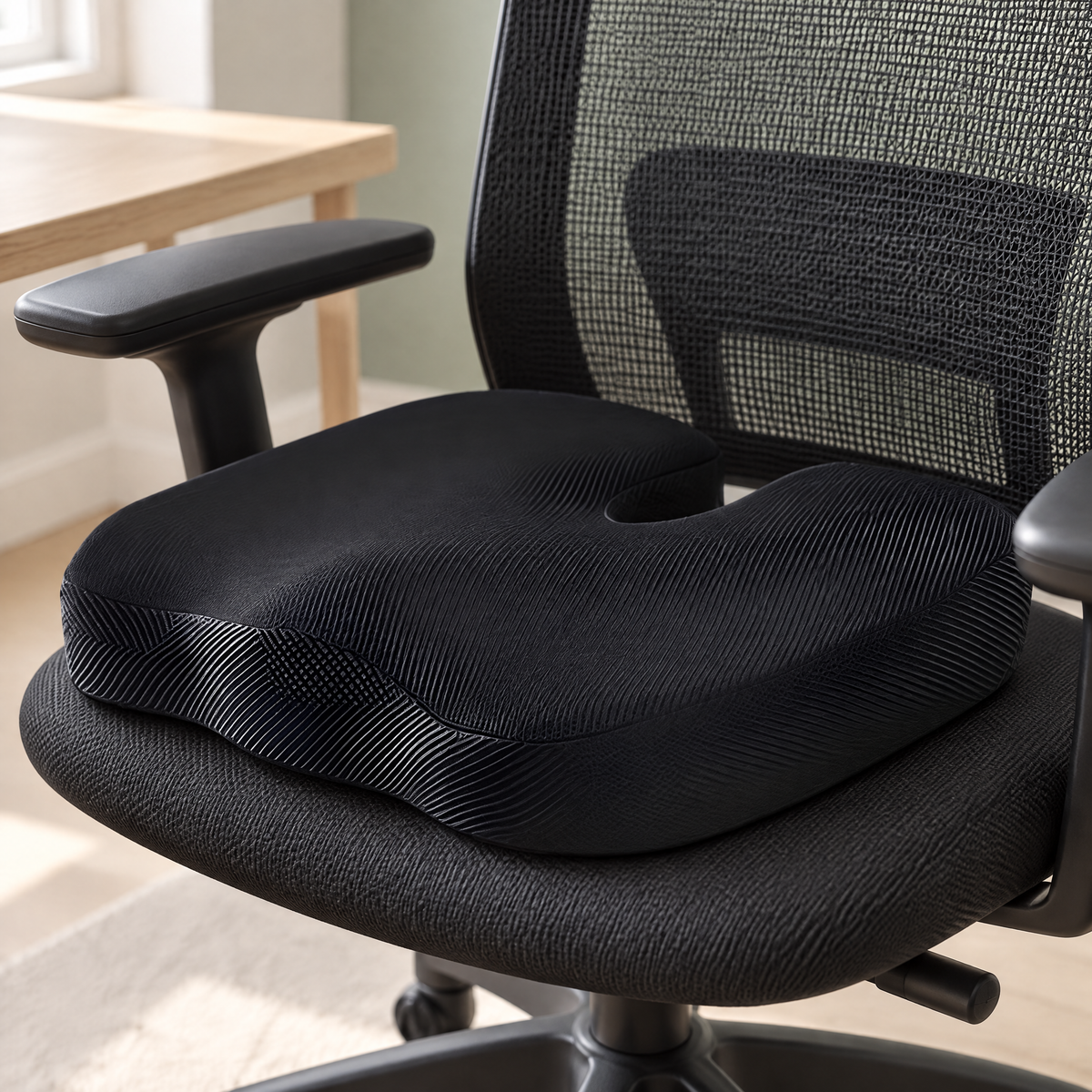 Ergonomisches Sitzkissen für Bürostuhl in Schwarz auf einem Mesh-Bürostuhl im Arbeitszimmer