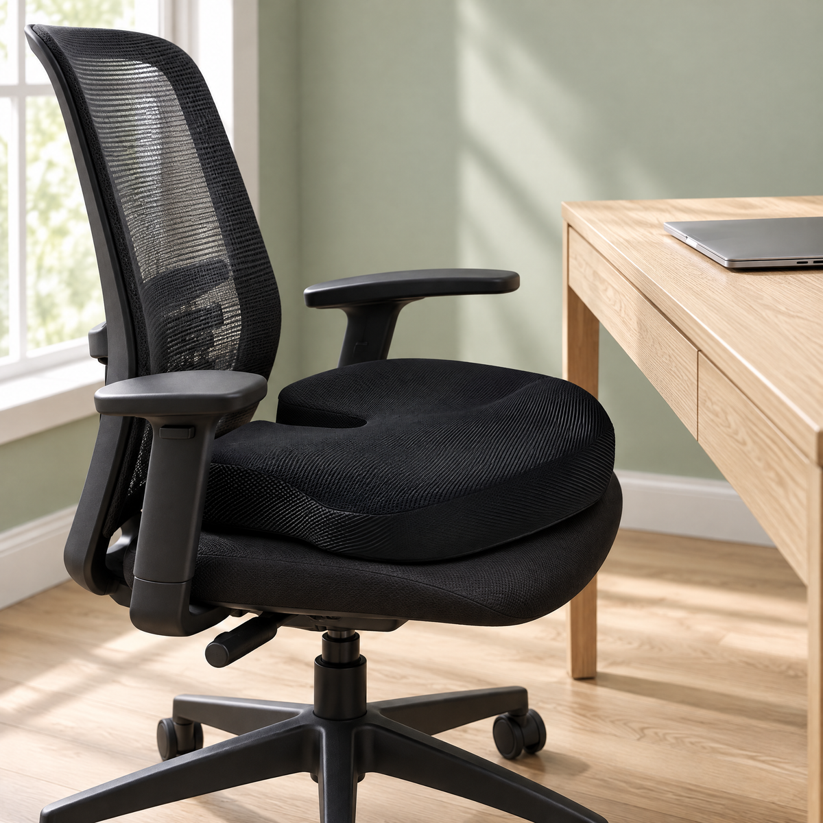 Sitzkissen mit Mesh-Bezug auf dem Bürostuhl am Schreibtisch aus Eiche