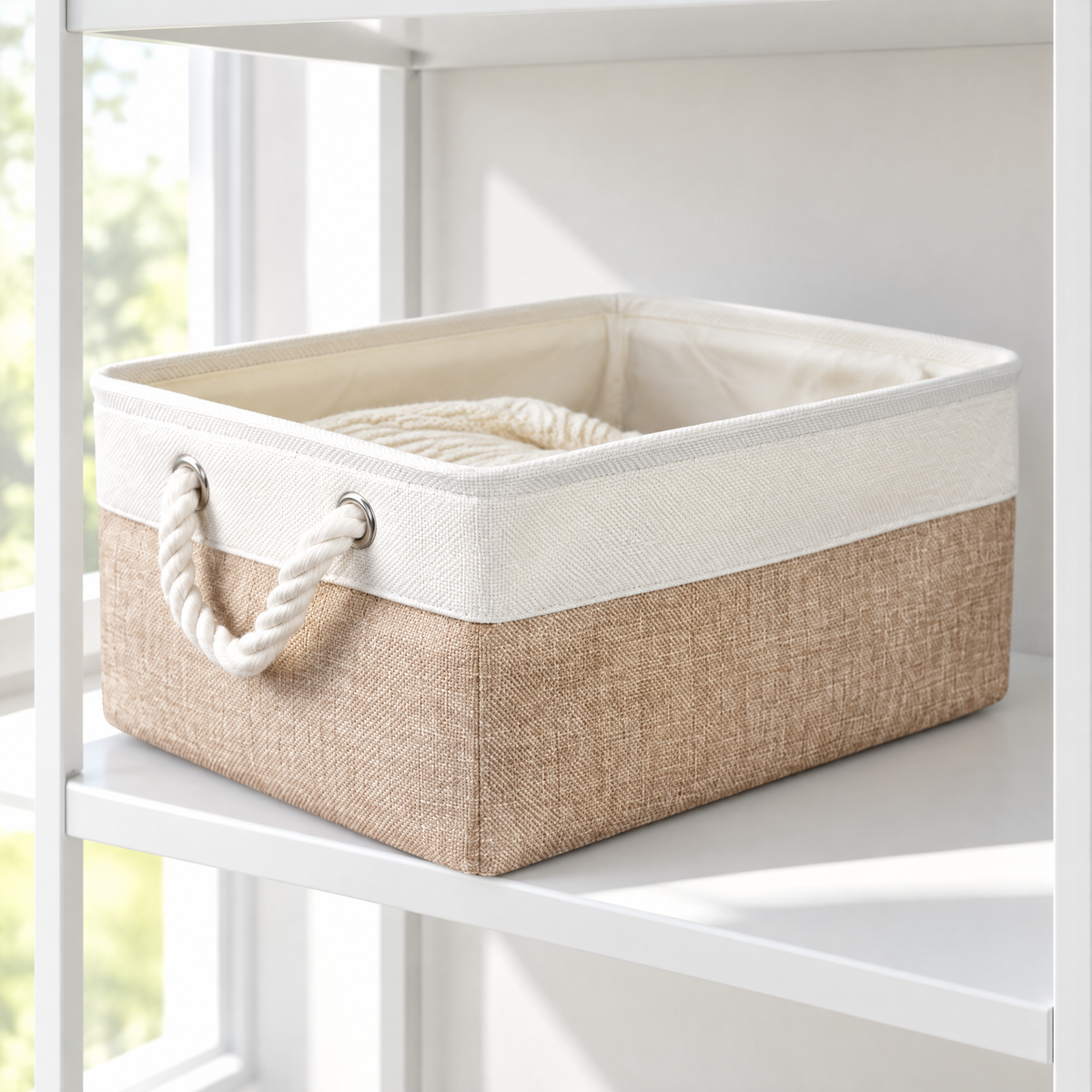 Offene Aufbewahrungsbox in Weiß-Beige mit Seilgriffen im weißen Metallregal im Wohnzimmer